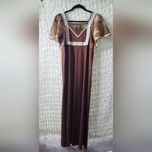 Vintage brown maxi dress with lace detailing and butterfly sleeves